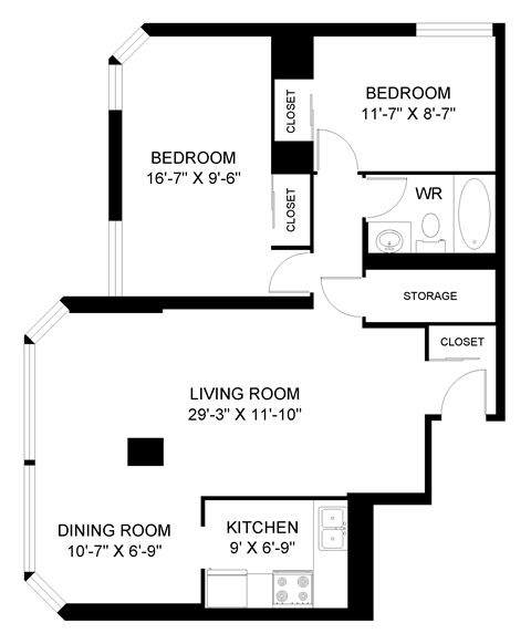Floor plan for 2 beds, 1 bath, 939 sqft